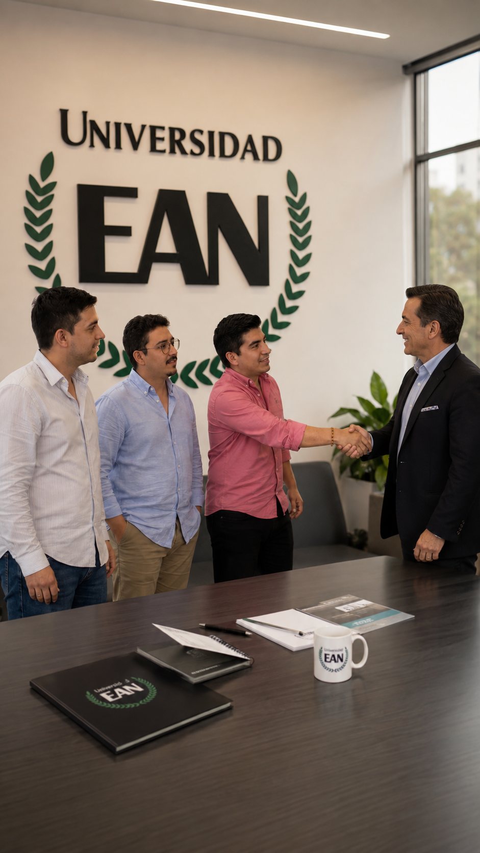 Integrantes de Startti saludando a un directivo en las instalaciones de la Universidad EAN.